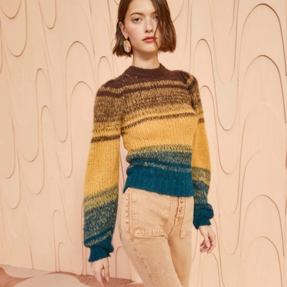 Ulla Johnson Rosalia Alpaca Sweater Puff Sleeve Striped Cozy Knit Oversized Boho - Picture 2 of 11
